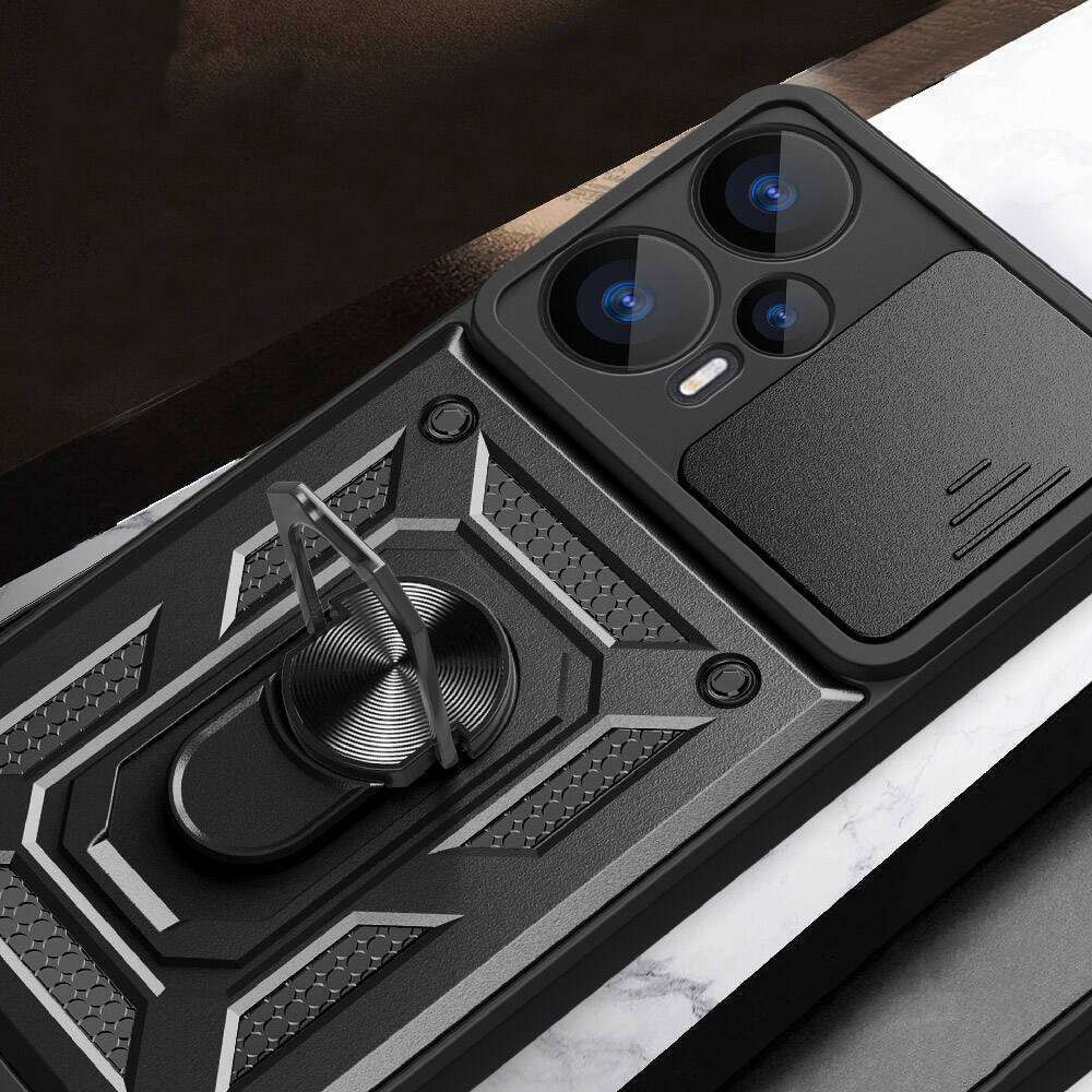 Xiaomi Poco F5 Kılıf Magnetik Standlı Kamera Korumalı Zore Sürgülü Vega Kapak Siyah