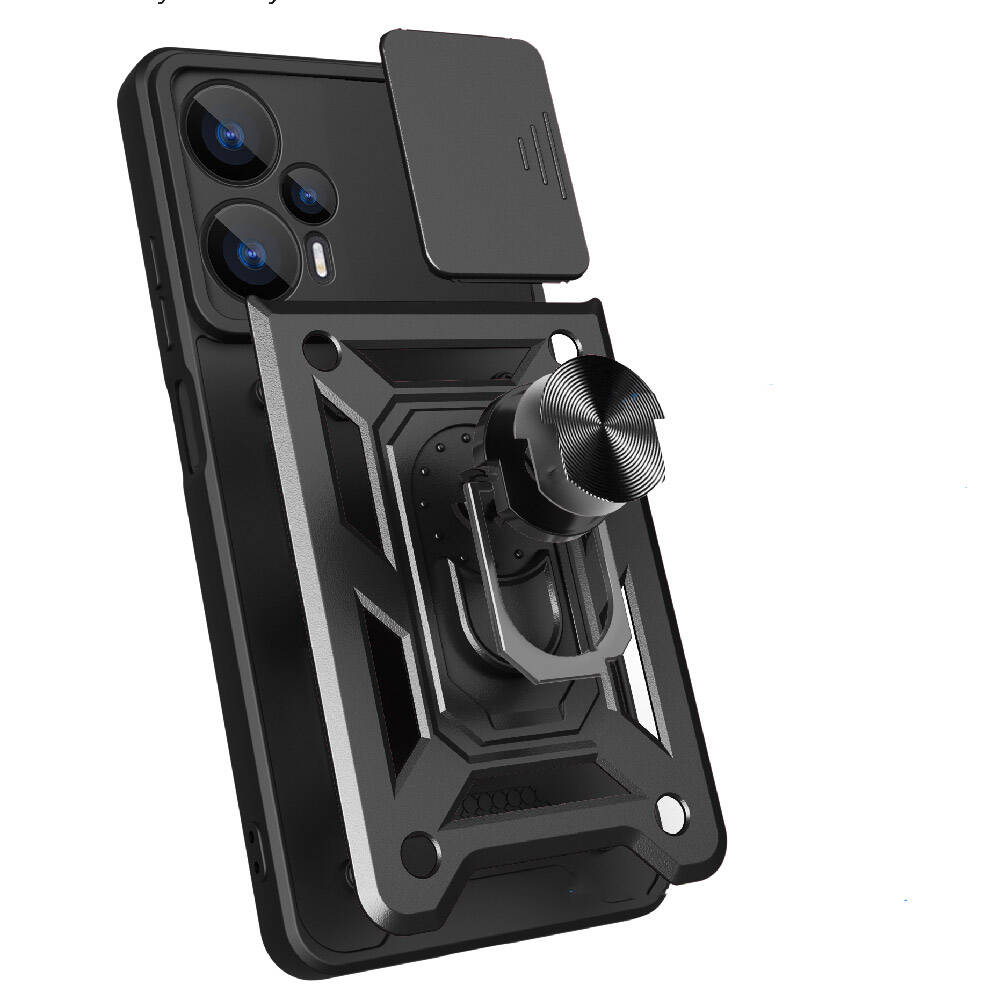 Xiaomi Poco F5 Kılıf Magnetik Standlı Kamera Korumalı Zore Sürgülü Vega Kapak Siyah