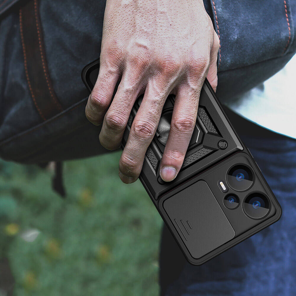 Xiaomi Poco F5 Kılıf Magnetik Standlı Kamera Korumalı Zore Sürgülü Vega Kapak Siyah