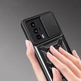 Xiaomi Poco F5 Pro Kılıf Magnetik Standlı Kamera Korumalı Zore Sürgülü Vega Kapak Siyah