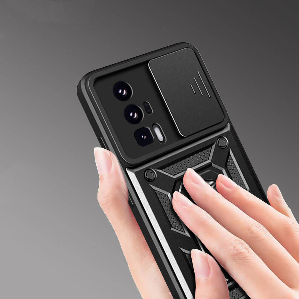 Xiaomi Poco F5 Pro Kılıf Magnetik Standlı Kamera Korumalı Zore Sürgülü Vega Kapak Siyah