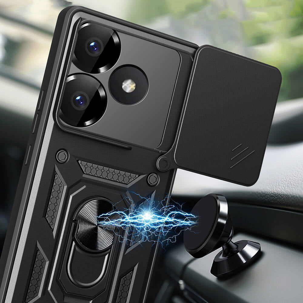 Xiaomi Poco F6 Kılıf Magnetik Standlı Kamera Korumalı Zore Sürgülü Vega Kapak Siyah