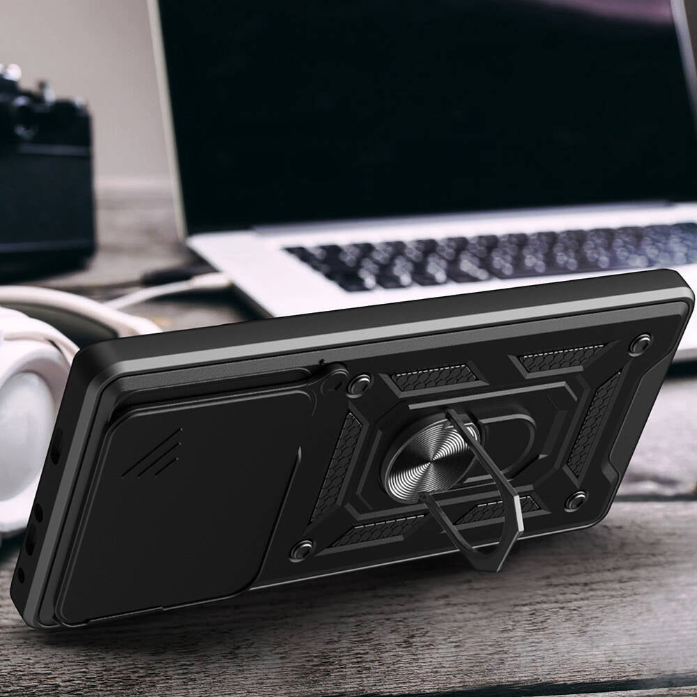 Xiaomi Poco F6 Kılıf Magnetik Standlı Kamera Korumalı Zore Sürgülü Vega Kapak Mavi