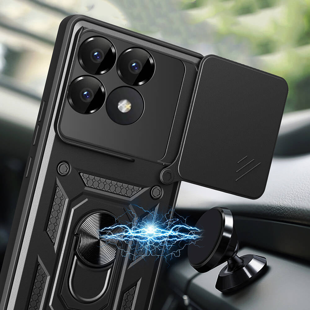 Xiaomi Poco F6 Pro Kılıf Magnetik Standlı Kamera Korumalı Zore Sürgülü Vega Kapak Mavi
