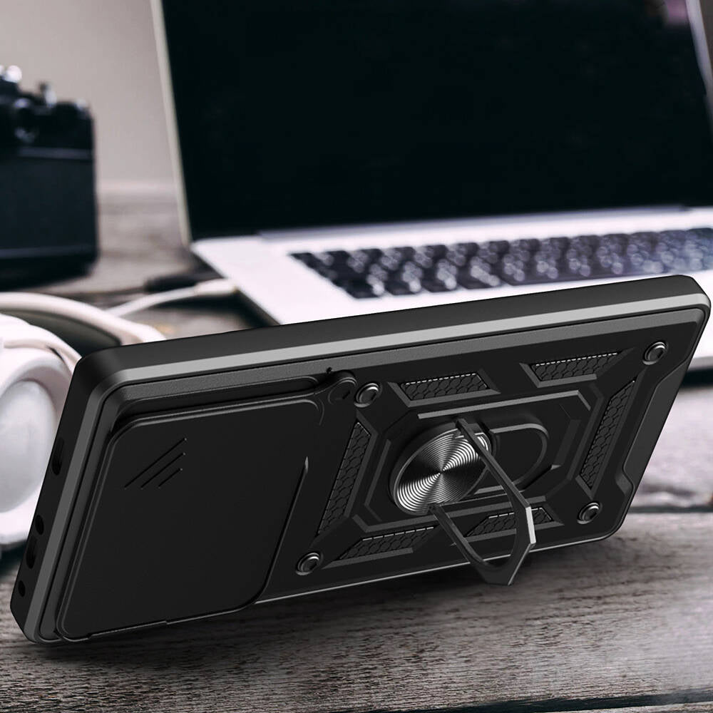 Xiaomi Poco F6 Pro Kılıf Magnetik Standlı Kamera Korumalı Zore Sürgülü Vega Kapak Mavi