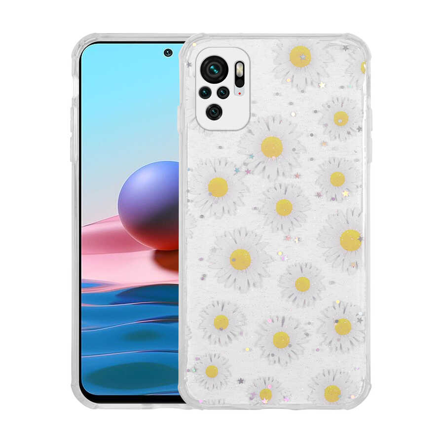 Xiaomi Poco M5S Kılıf Simli Desenli Kamera Korumalı Parlak Zore Popy Kapak Papatya