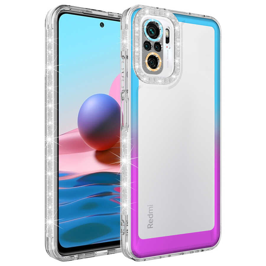 Xiaomi Poco M5S Kılıf Simli ve Renk Geçiş Tasarımlı Lens Korumalı Zore Park Kapak Mavi-Mor