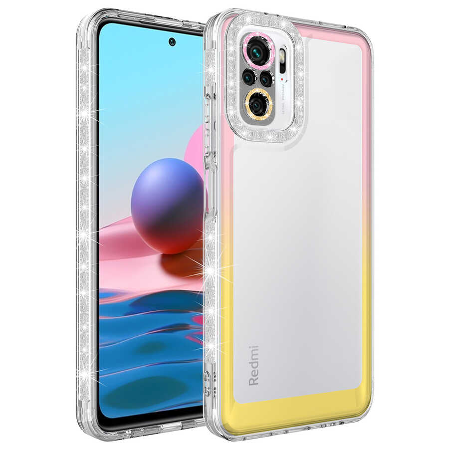 Xiaomi Poco M5S Kılıf Simli ve Renk Geçiş Tasarımlı Lens Korumalı Zore Park Kapak Pembe-Sarı