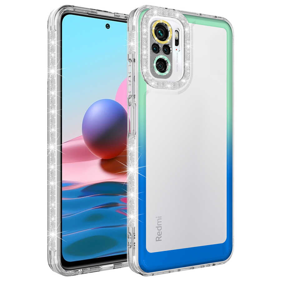 Xiaomi Poco M5S Kılıf Simli ve Renk Geçiş Tasarımlı Lens Korumalı Zore Park Kapak Yeşil-Mavi