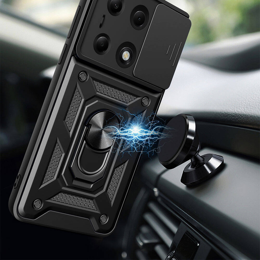 Xiaomi Poco M6 Pro 4G Kılıf Magnetik Standlı Kamera Korumalı Zore Sürgülü Vega Kapak Siyah