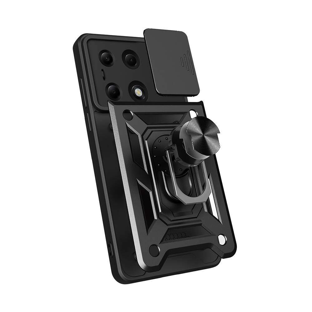 Xiaomi Poco M6 Pro 4G Kılıf Magnetik Standlı Kamera Korumalı Zore Sürgülü Vega Kapak Siyah