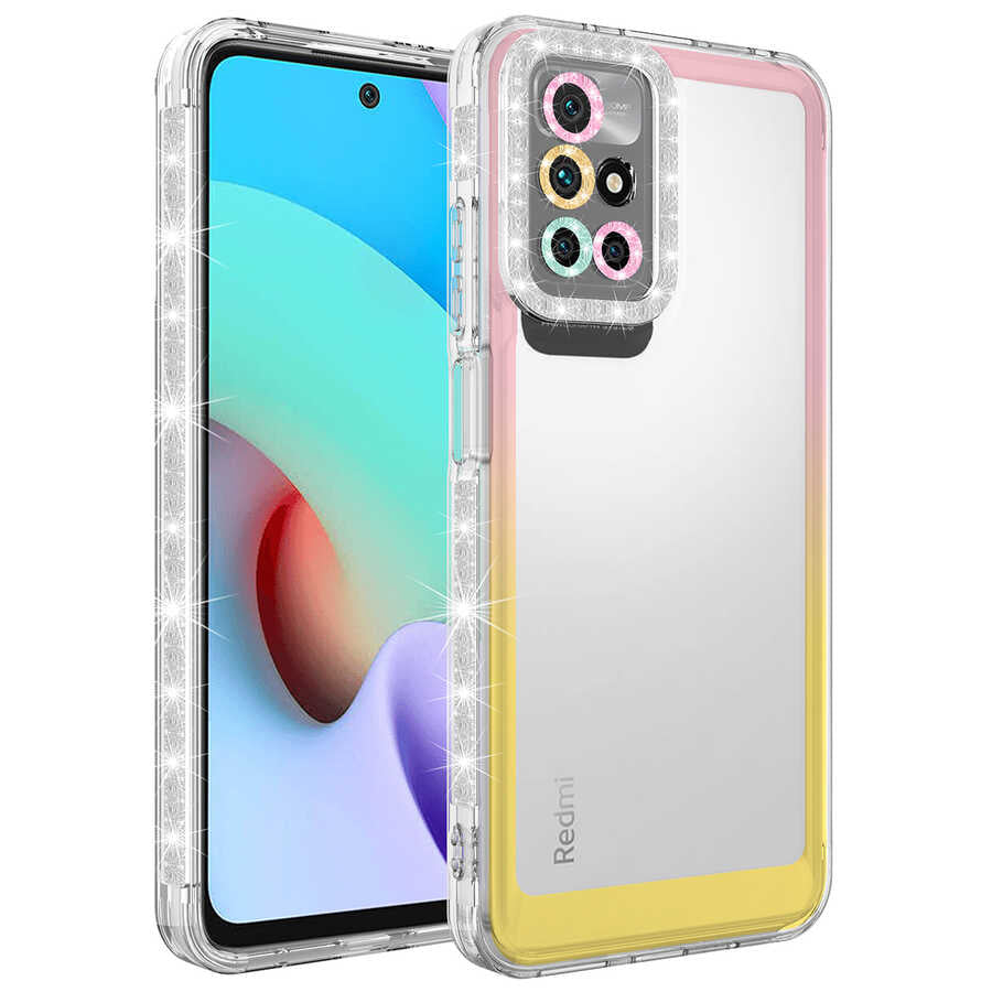 Xiaomi Redmi 10 Kılıf Simli ve Renk Geçiş Tasarımlı Lens Korumalı Zore Park Kapak Pembe-Mavi
