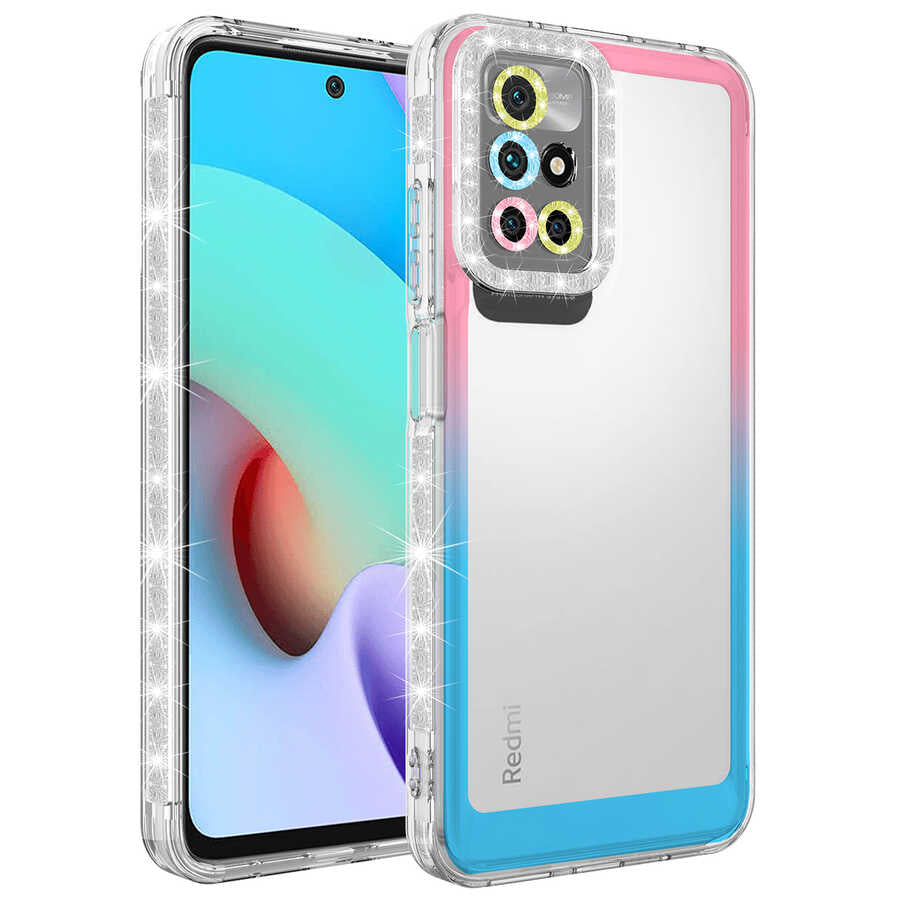 Xiaomi Redmi 10 Kılıf Simli ve Renk Geçiş Tasarımlı Lens Korumalı Zore Park Kapak Pembe-Mavi