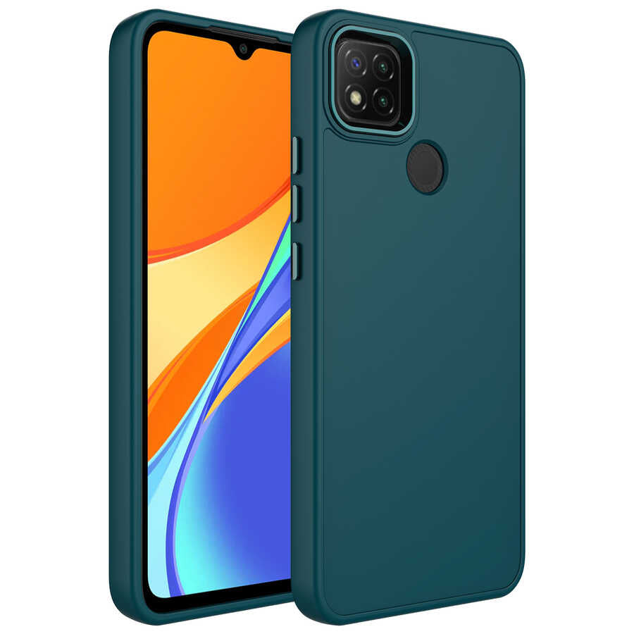 Xiaomi Redmi 10A Kılıf Metal Çerçeve ve Buton Tasarımlı Silikon Zore Luna Kapak Koyu Yeşil