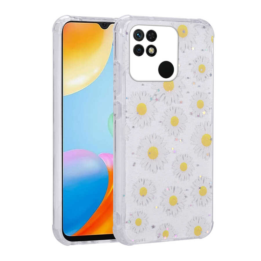 Xiaomi Redmi 10C Kılıf Simli Desenli Kamera Korumalı Parlak Zore Popy Kapak Papatya