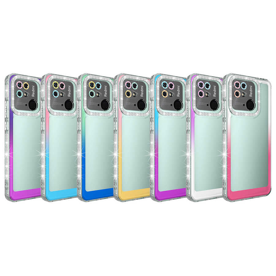 Xiaomi Redmi 10C Kılıf Simli ve Renk Geçiş Tasarımlı Lens Korumalı Zore Park Kapak Pembe-Mavi