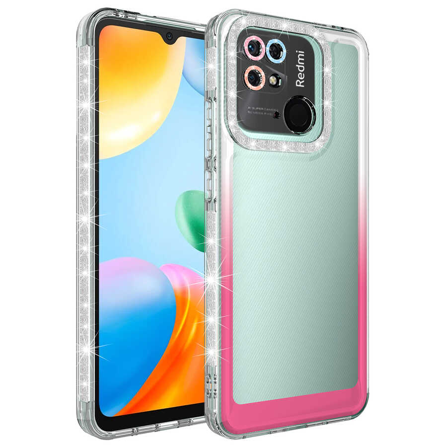 Xiaomi Redmi 10C Kılıf Simli ve Renk Geçiş Tasarımlı Lens Korumalı Zore Park Kapak Beyaz-Pembe