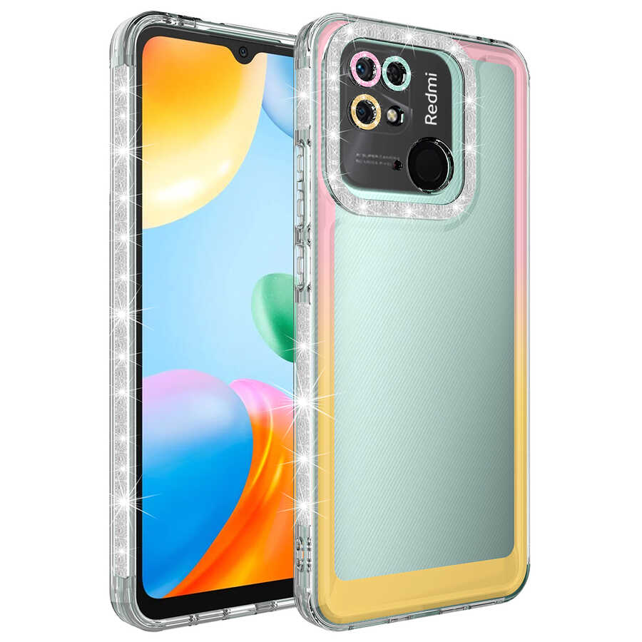Xiaomi Redmi 10C Kılıf Simli ve Renk Geçiş Tasarımlı Lens Korumalı Zore Park Kapak Pembe-Sarı