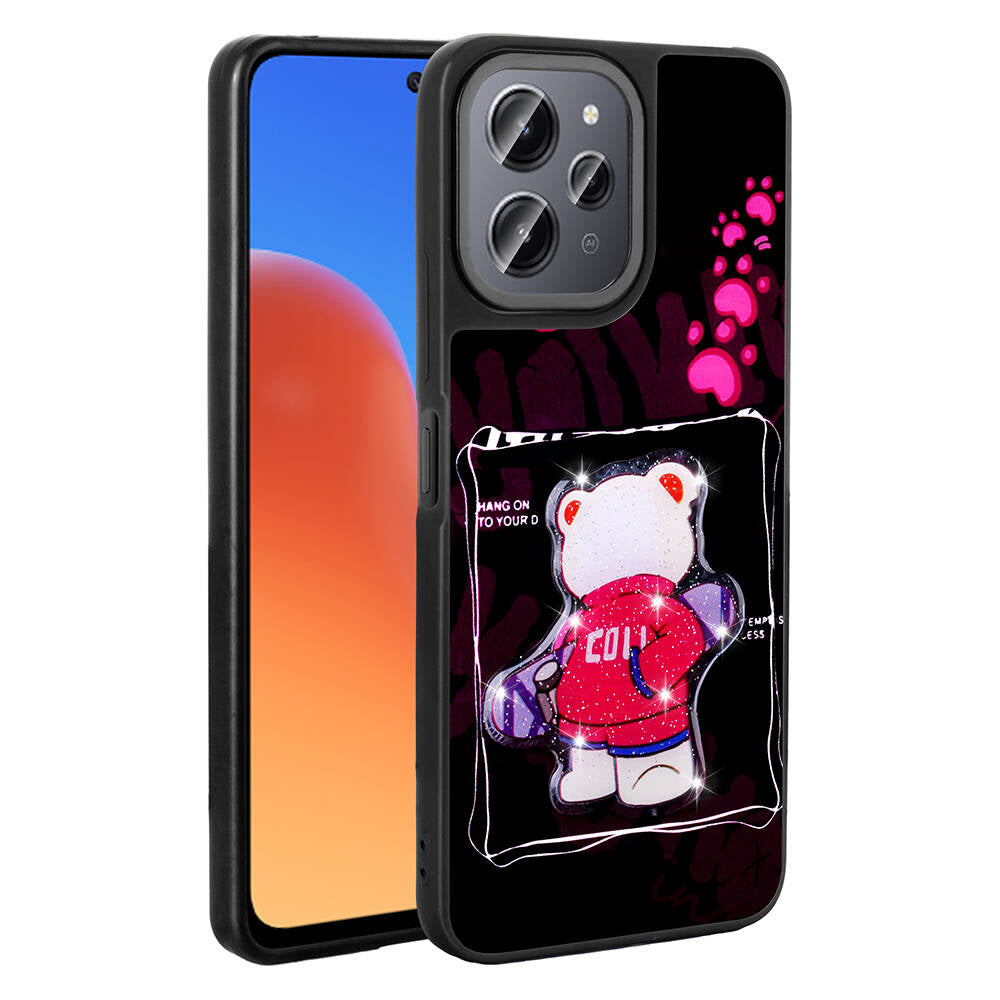 Xiaomi Redmi 12 4G Kılıf Parlayan Kabartmalı İkonik Figürlü Zore Amas Silikon Kapak Pembe