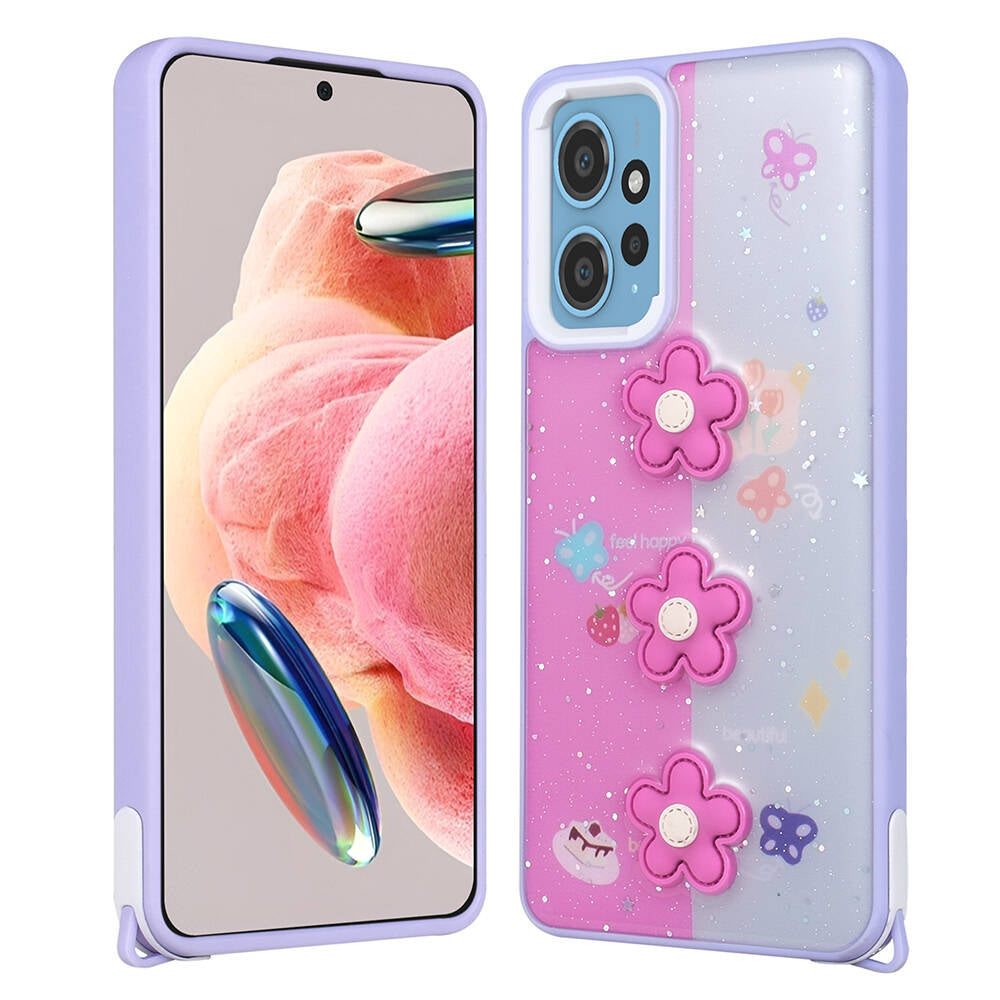 Xiaomi Redmi 12 4G Kılıf Parlayan Simli Kabartma Figürlü Zore Cevze Kapak Mor Ayı
