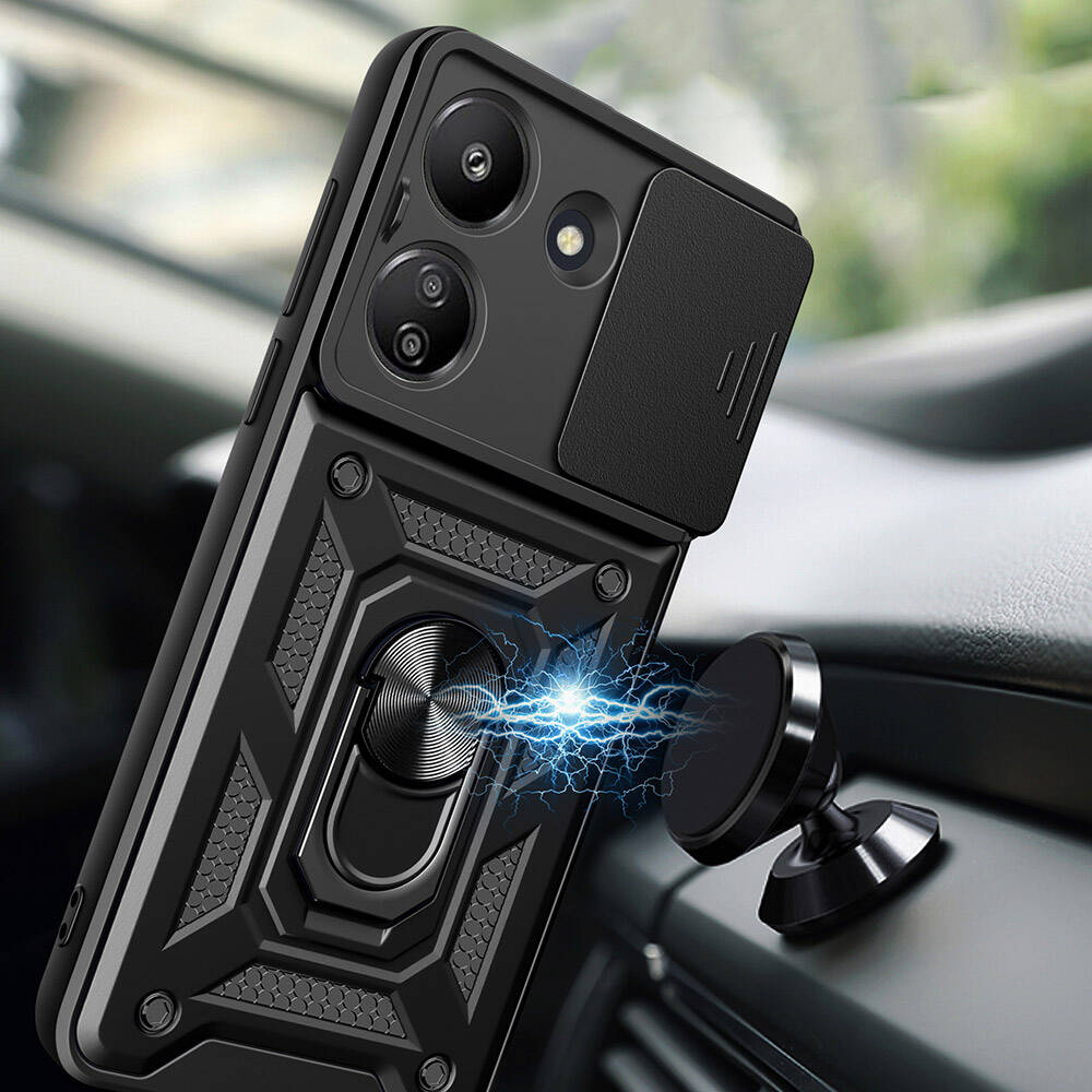 Xiaomi Redmi 13C Kılıf Magnetik Standlı Kamera Korumalı Zore Sürgülü Vega Kapak Siyah