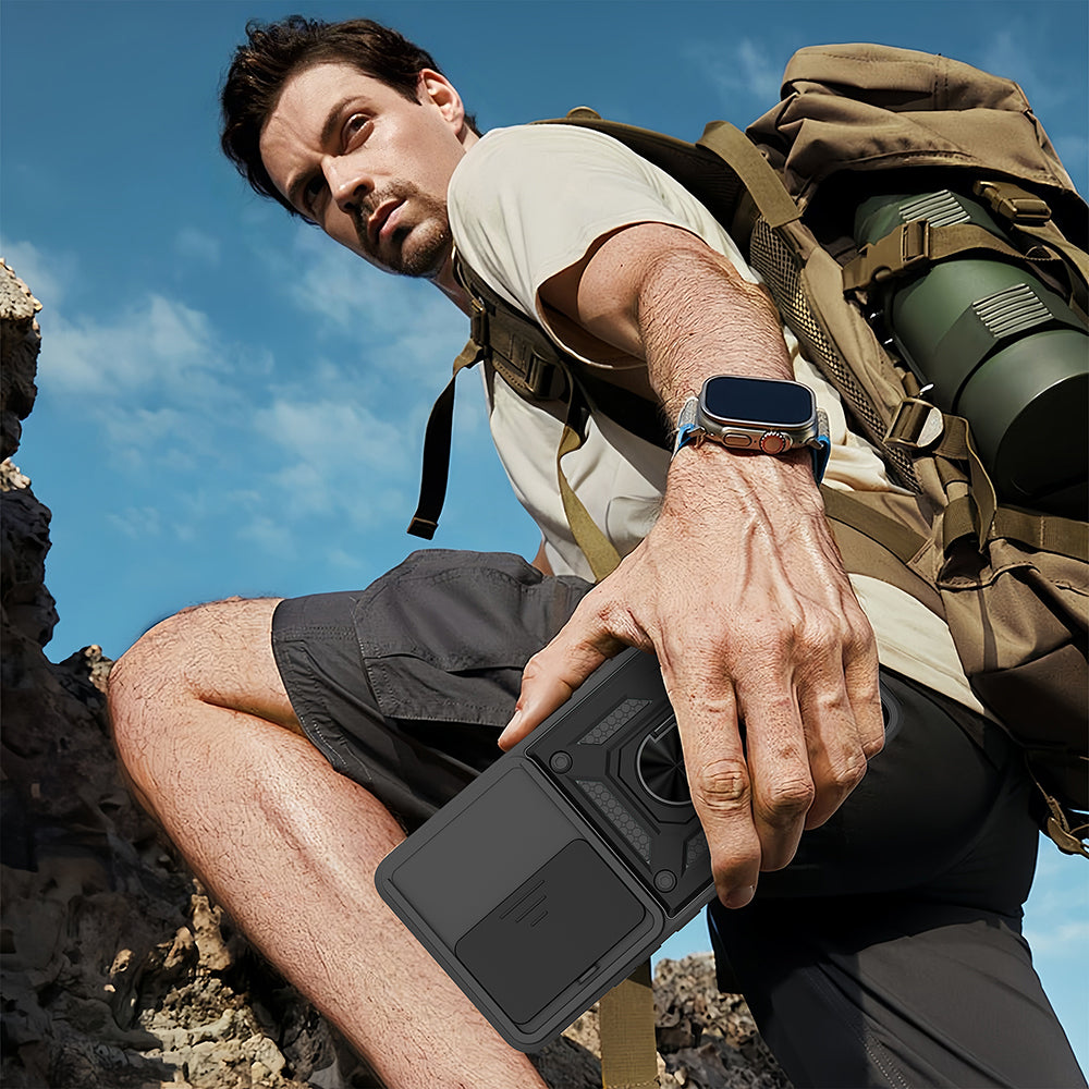 Xiaomi Redmi 15 Kılıf Magnetik Standlı Kamera Korumalı Zore Sürgülü Vega Kapak Mavi