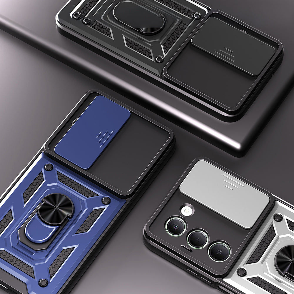 Xiaomi Redmi 15 Kılıf Magnetik Standlı Kamera Korumalı Zore Sürgülü Vega Kapak Siyah