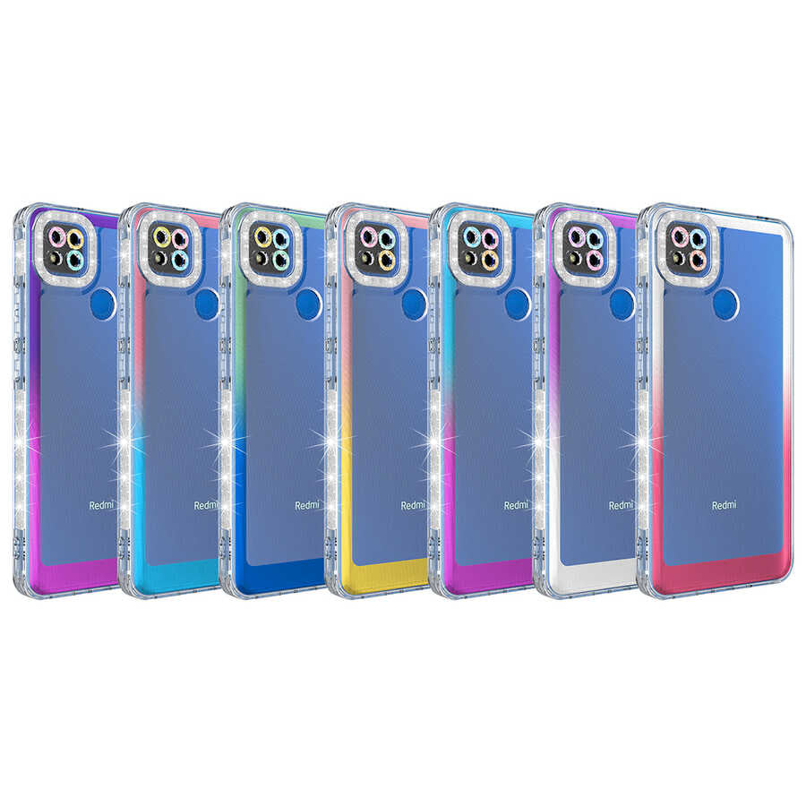 Xiaomi Redmi 9C Kılıf Simli ve Renk Geçiş Tasarımlı Lens Korumalı Zore Park Kapak Yeşil-Mavi