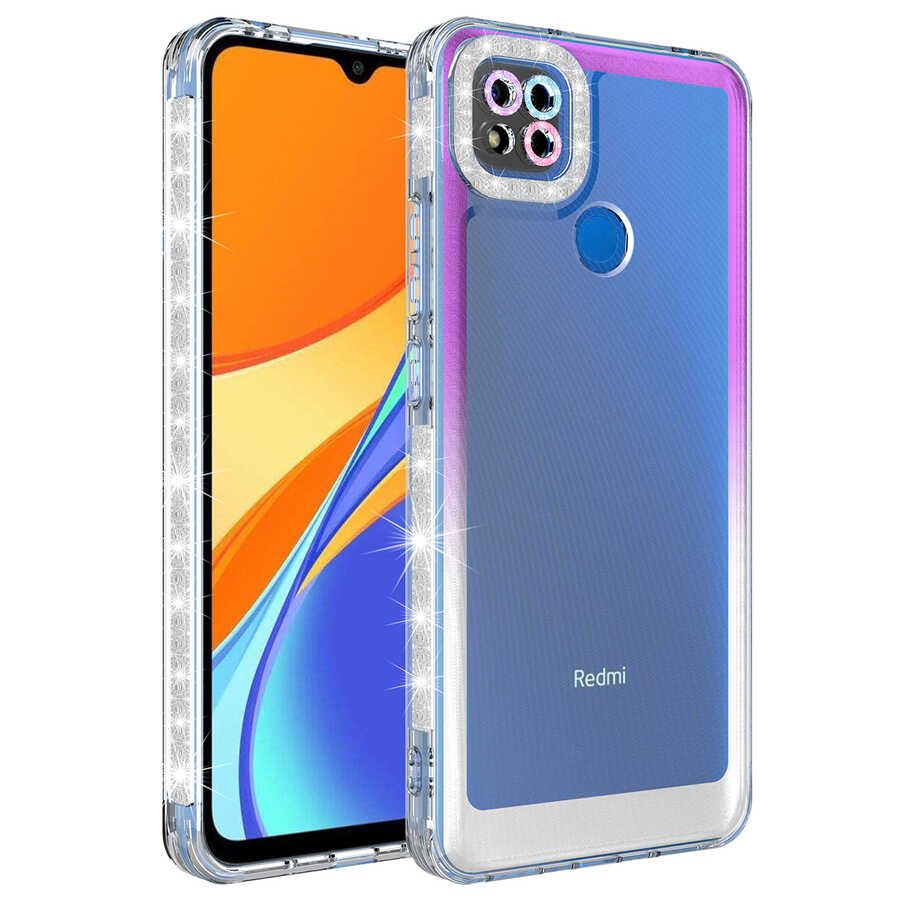 Xiaomi Redmi 9C Kılıf Simli ve Renk Geçiş Tasarımlı Lens Korumalı Zore Park Kapak Mor-Beyaz