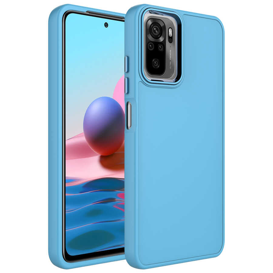 Xiaomi Redmi Note 10 Kılıf Metal Çerçeve ve Buton Tasarımlı Silikon Zore Luna Kapak Sierra Mavi