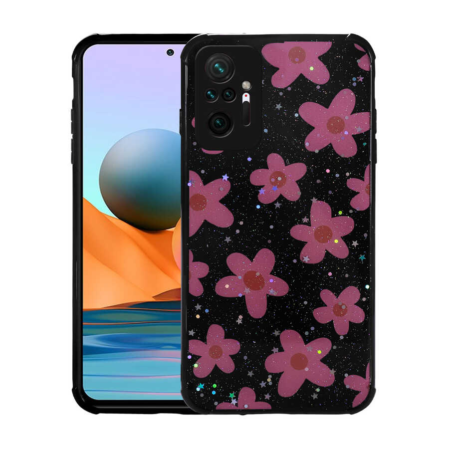 Xiaomi Redmi Note 10 Pro Kılıf Simli Desenli Kamera Korumalı Parlak Zore Popy Kapak Kulübe