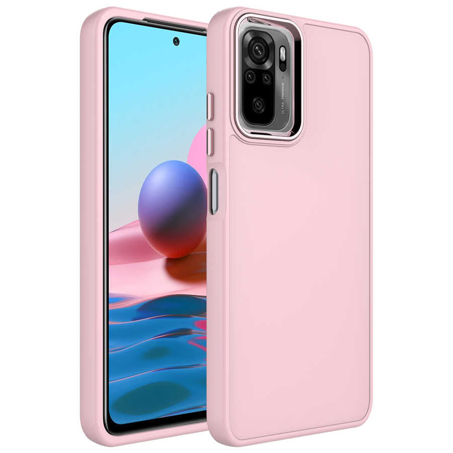 Xiaomi Redmi Note 10S Kılıf Metal Çerçeve ve Buton Tasarımlı Silikon Zore Luna Kapak Pembe