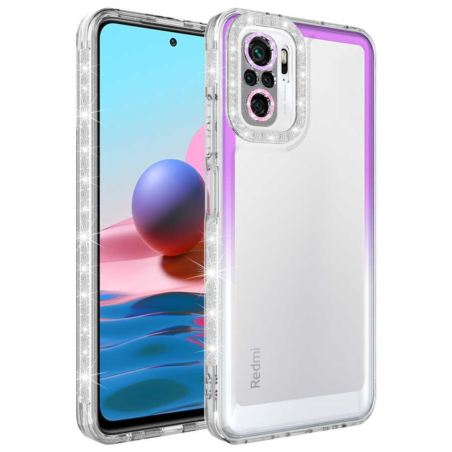 Xiaomi Redmi Note 10S Kılıf Simli ve Renk Geçiş Tasarımlı Lens Korumalı Zore Park Kapak Mor-Beyaz