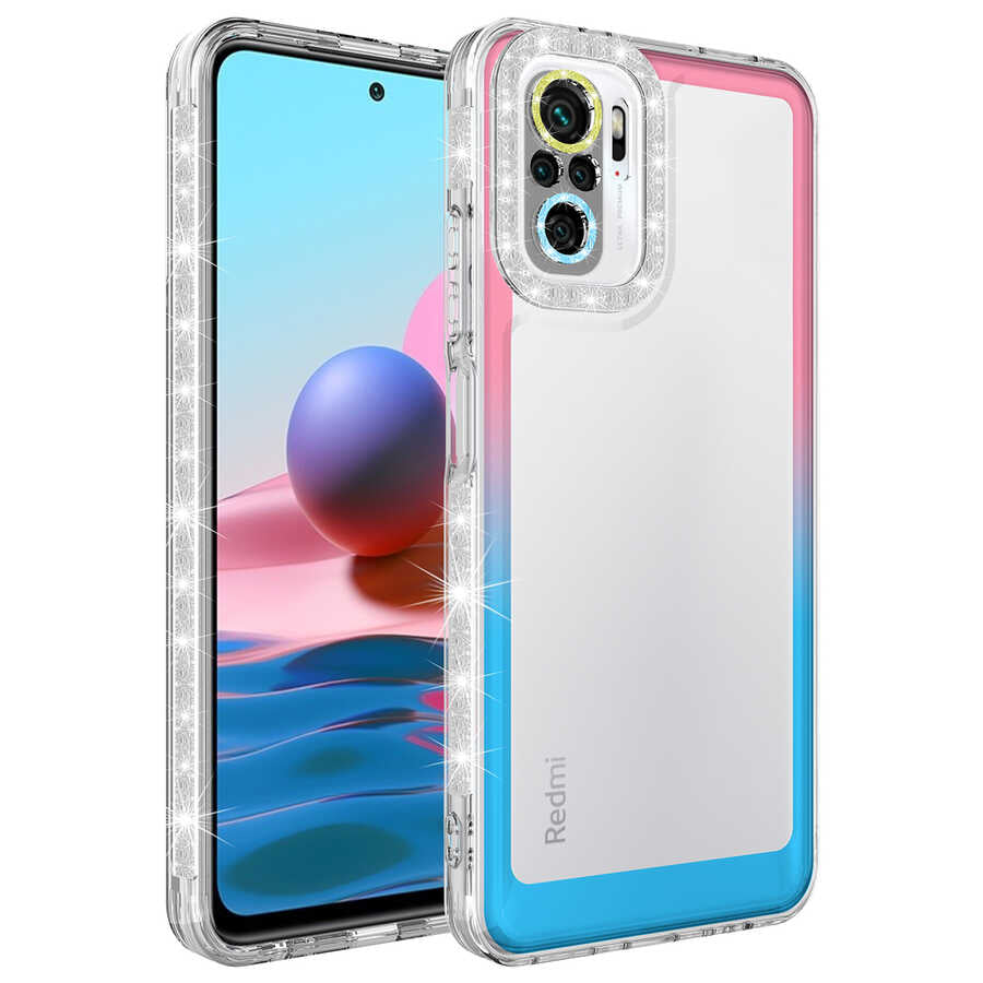 Xiaomi Redmi Note 10S Kılıf Simli ve Renk Geçiş Tasarımlı Lens Korumalı Zore Park Kapak Pembe-Mavi