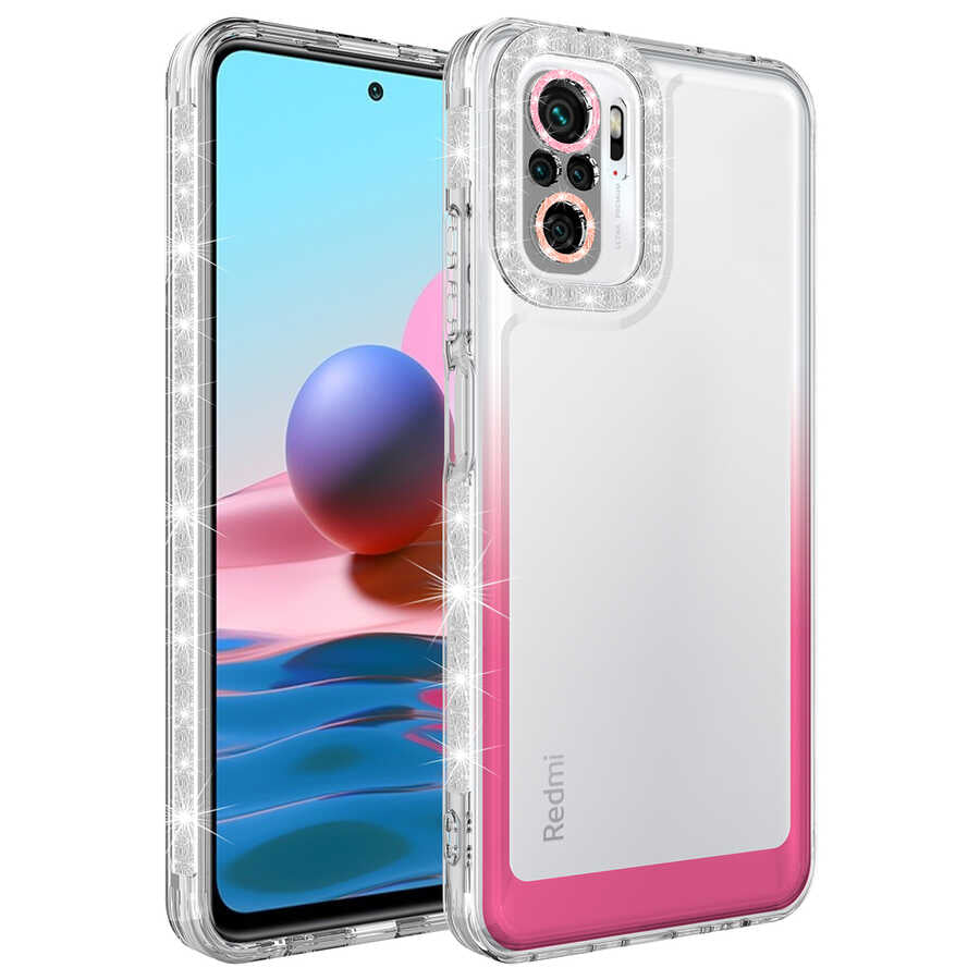 Xiaomi Redmi Note 10S Kılıf Simli ve Renk Geçiş Tasarımlı Lens Korumalı Zore Park Kapak Beyaz-Pembe