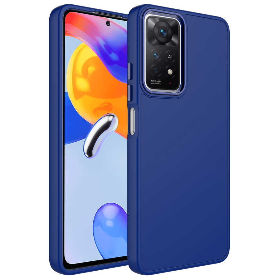 Xiaomi Redmi Note 11 Global Kılıf Metal Çerçeve ve Buton Tasarımlı Silikon Zore Luna Kapak Lacivert