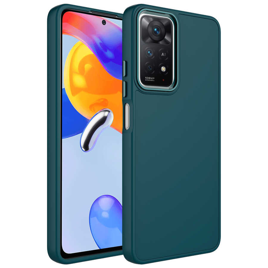 Xiaomi Redmi Note 11 Global Kılıf Metal Çerçeve ve Buton Tasarımlı Silikon Zore Luna Kapak Koyu Yeşil
