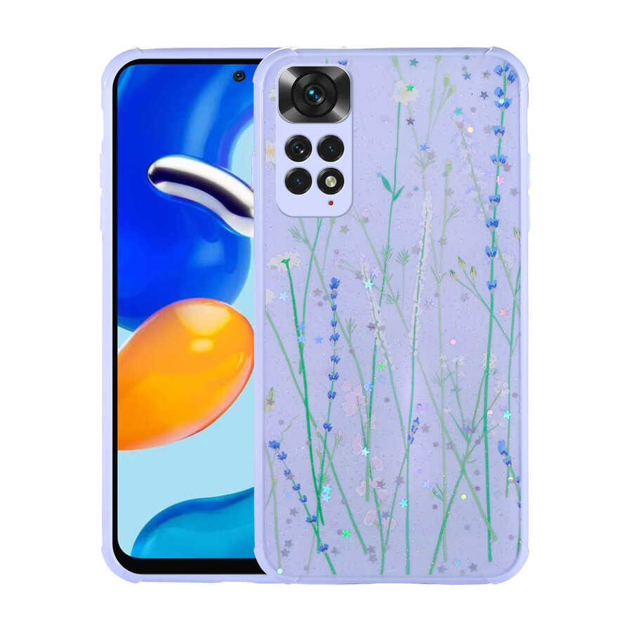 Xiaomi Redmi Note 11 Global Kılıf Simli Desenli Kamera Korumalı Parlak Zore Popy Kapak Dallar