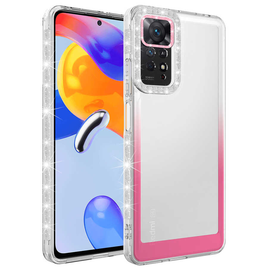 Xiaomi Redmi Note 11 Global Kılıf Simli ve Renk Geçiş Tasarımlı Lens Korumalı Zore Park Kapak Beyaz-Pembe