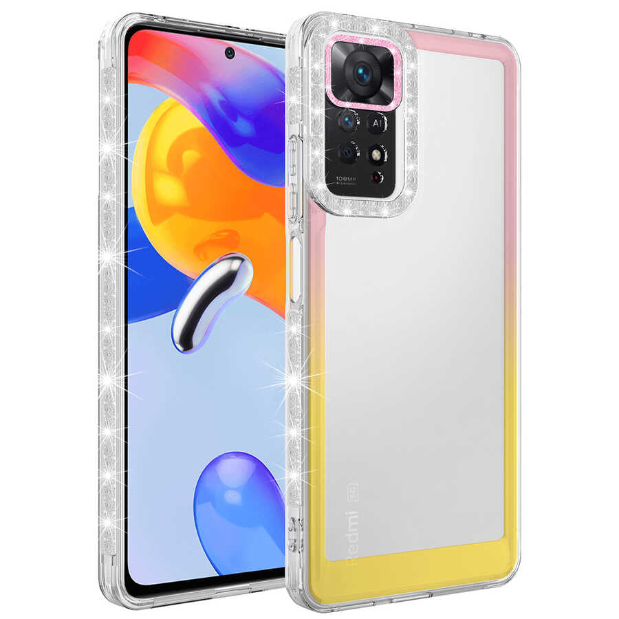 Xiaomi Redmi Note 11 Global Kılıf Simli ve Renk Geçiş Tasarımlı Lens Korumalı Zore Park Kapak Pembe-Sarı