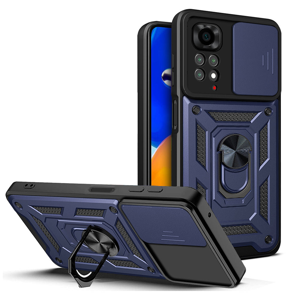 Xiaomi Redmi Note 11S Global Kılıf Magnetik Standlı Kamera Korumalı Zore Sürgülü Vega Kapak Mavi