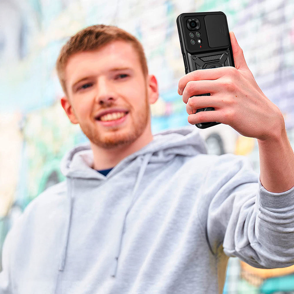 Xiaomi Redmi Note 11S Global Kılıf Magnetik Standlı Kamera Korumalı Zore Sürgülü Vega Kapak Siyah