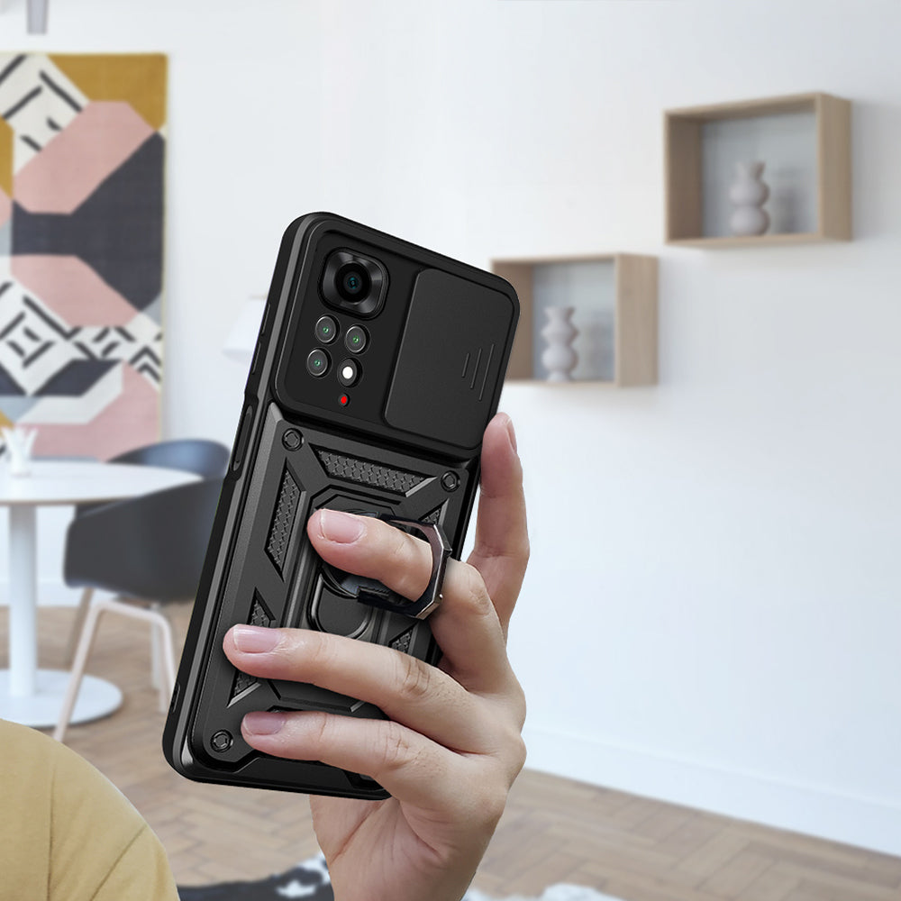 Xiaomi Redmi Note 11S Global Kılıf Magnetik Standlı Kamera Korumalı Zore Sürgülü Vega Kapak Siyah