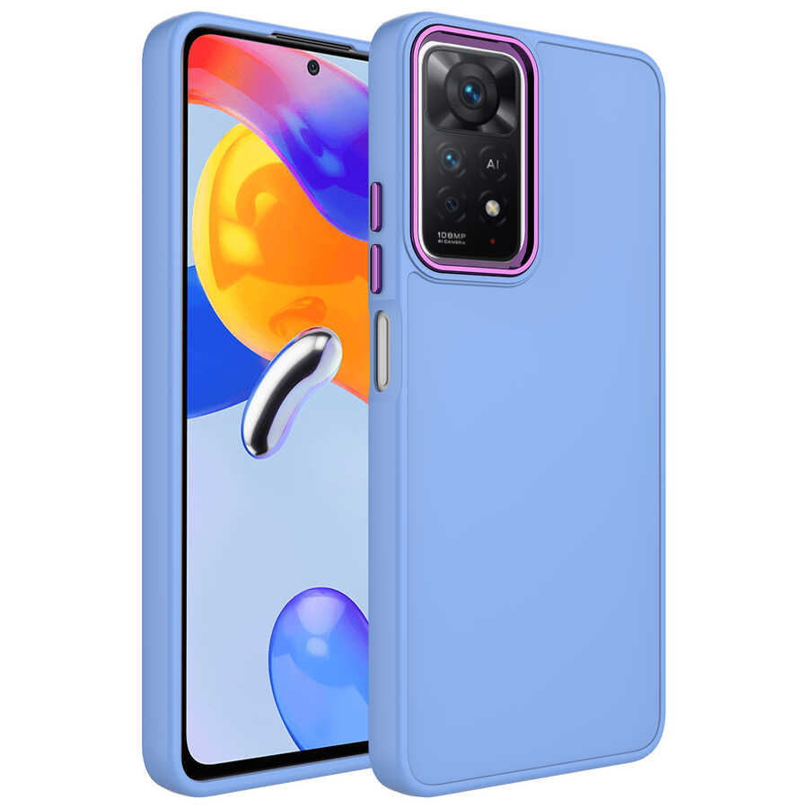 Xiaomi Redmi Note 11S Global Kılıf Metal Çerçeve ve Buton Tasarımlı Silikon Zore Luna Kapak Lila