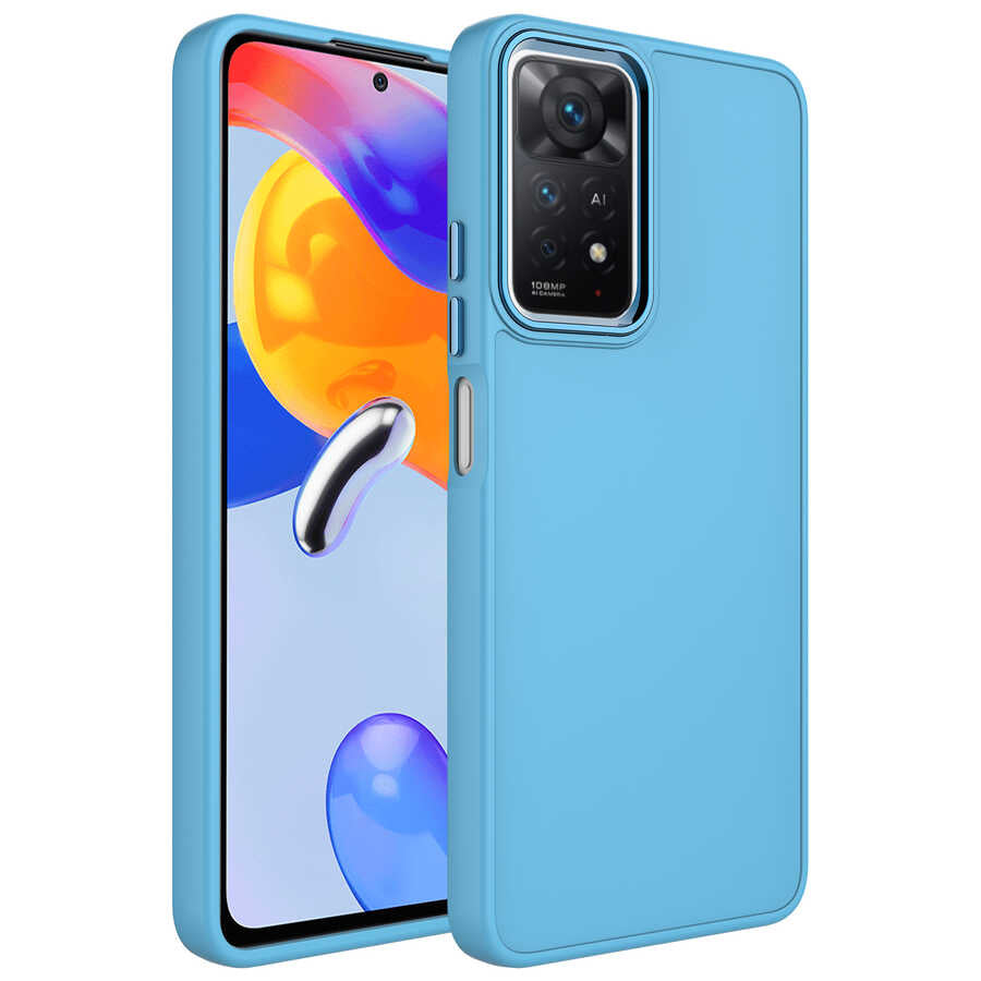Xiaomi Redmi Note 11S Global Kılıf Metal Çerçeve ve Buton Tasarımlı Silikon Zore Luna Kapak Sierra Mavi