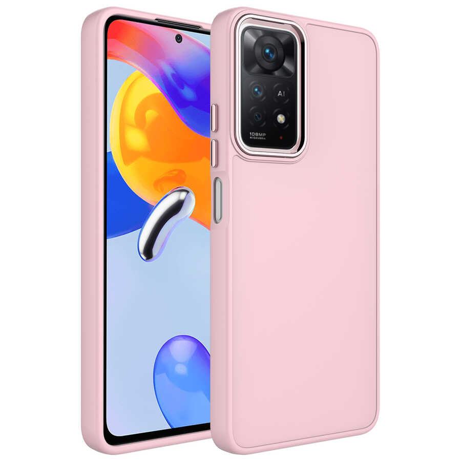 Xiaomi Redmi Note 11S Global Kılıf Metal Çerçeve ve Buton Tasarımlı Silikon Zore Luna Kapak Pembe