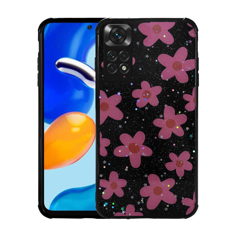 Xiaomi Redmi Note 11S Global Kılıf Simli Desenli Kamera Korumalı Parlak Zore Popy Kapak Çiçek