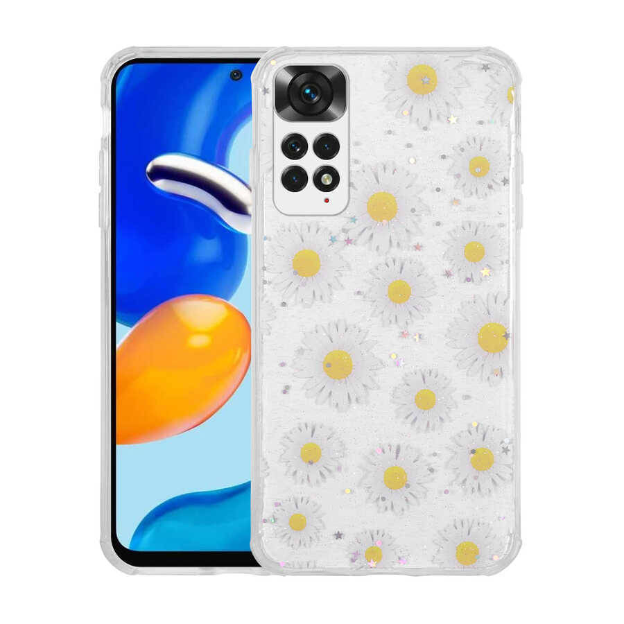 Xiaomi Redmi Note 11S Global Kılıf Simli Desenli Kamera Korumalı Parlak Zore Popy Kapak Papatya