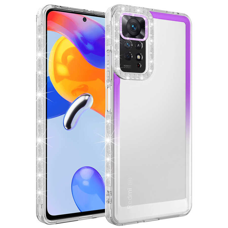 Xiaomi Redmi Note 11S Global Kılıf Simli ve Renk Geçiş Tasarımlı Lens Korumalı Zore Park Kapak Mor-Beyaz
