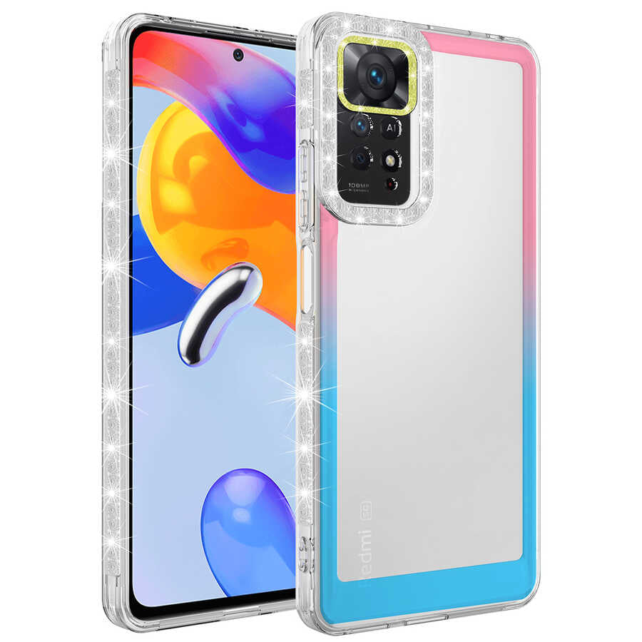 Xiaomi Redmi Note 11S Global Kılıf Simli ve Renk Geçiş Tasarımlı Lens Korumalı Zore Park Kapak Pembe-Mavi